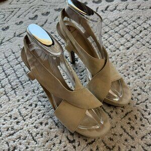 Diane Von Furstenberg Beige Suede Peep-Toe Heels 4.5" Stiletto‎ Sandals Size 8.5